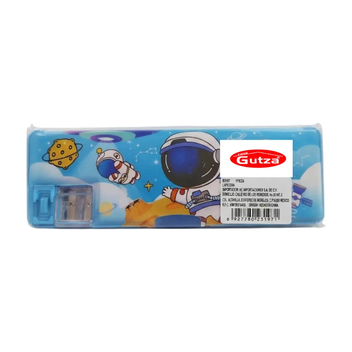 Estuche escolar para lápices de plástico con sacapuntas azul con diseño del espacio Gutza - Thumbnail 4