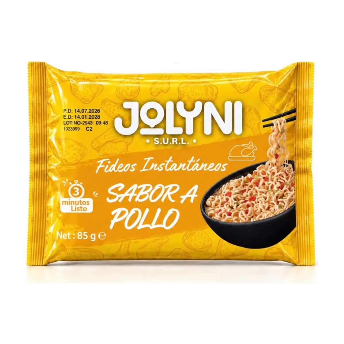 Sopa de fideos instantáneos sabor pollo Jolyni (85 g / 3 oz)