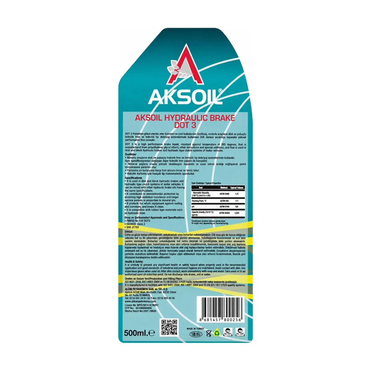 Líquido sintético para frenos y embrague DOT 3 Aksoil (500 ml) - Thumbnail 3