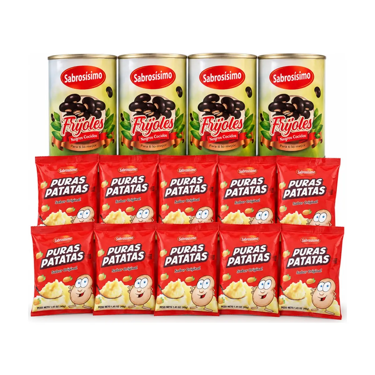 Combo Frijoles negros cocidos Sabrosísimo (4 x 400 g / 14.11 oz) + Puré de puras patatas instantáneo Sabrosísimo (10 x 40 g)