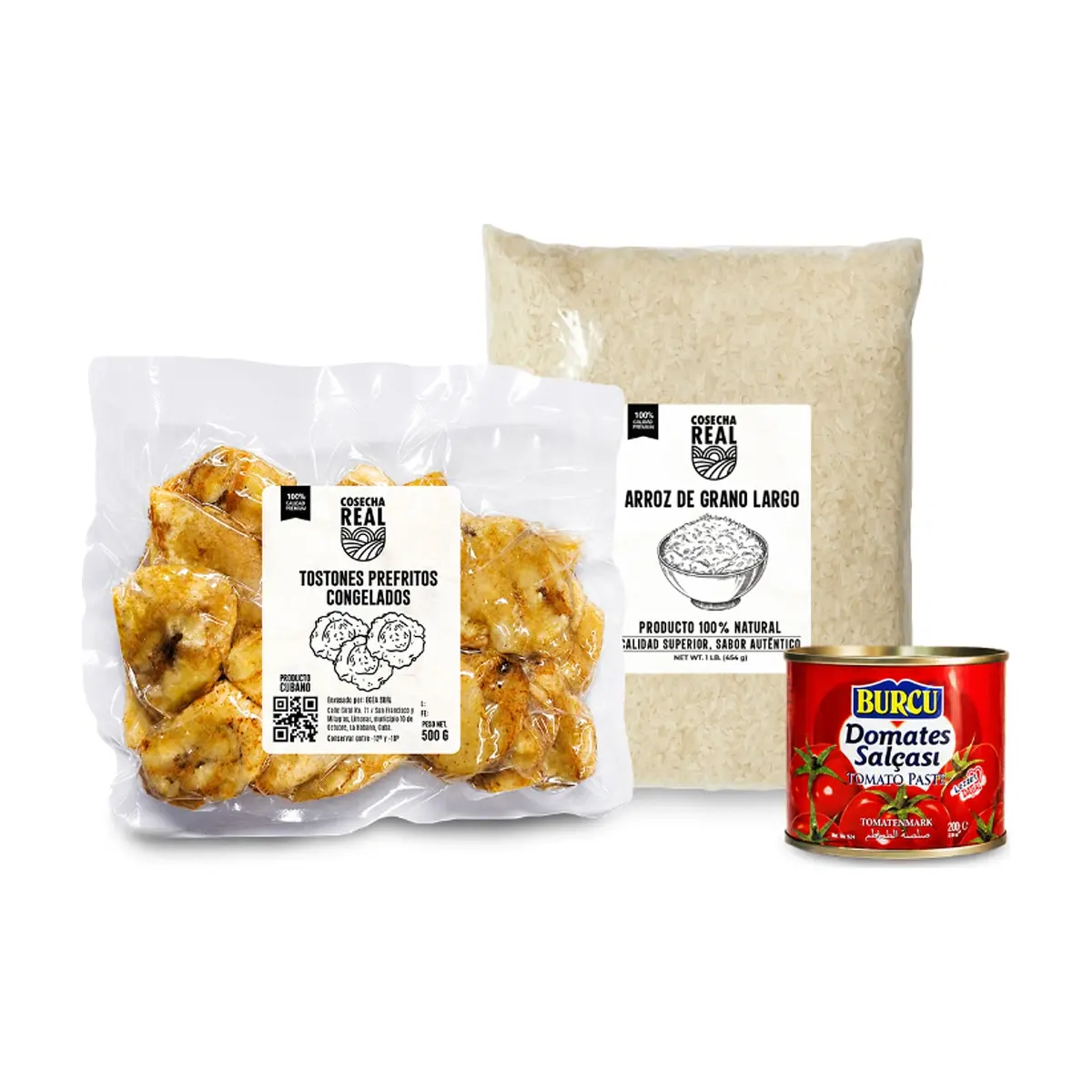 Combo criollo #9: Tostones prefritos congelados Cosecha Real + Arroz de grano largo Cosecha Real + Pasta de tomate Burcu