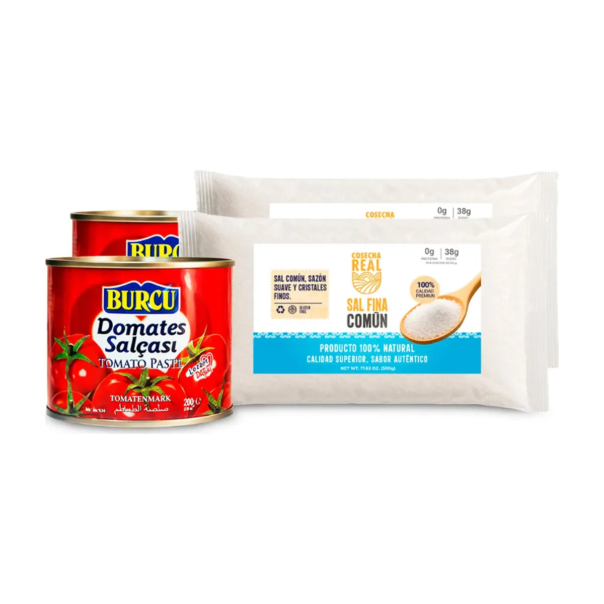 Combo básico de cocina: Sal fina común Cosecha Real + Pasta de tomate Burcu