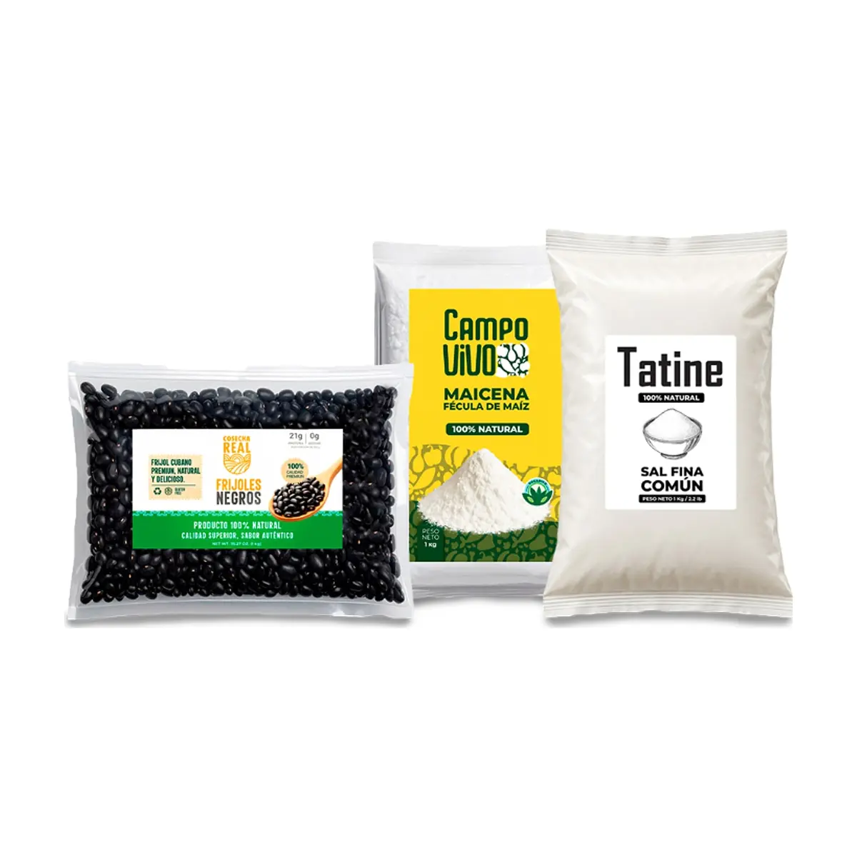 Combo básico de cocina #16: Frijoles negros Cosecha Real + Sal fina común Tatine + Maicena Campo Vivo