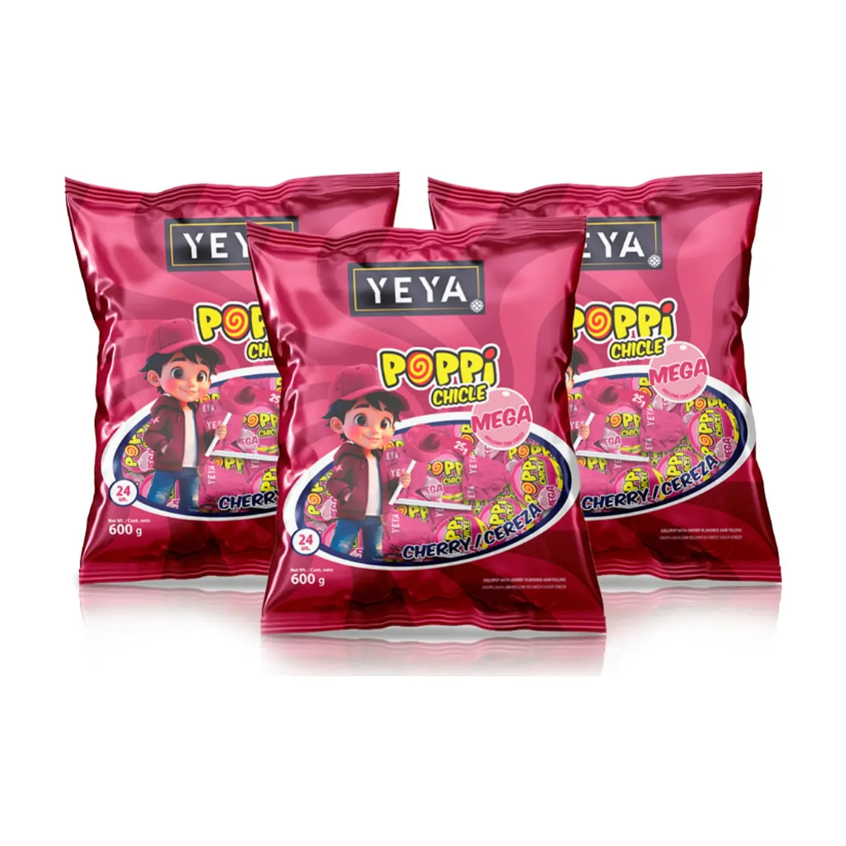 Chupa chupas con relleno de chicle sabor cereza YEYA (3 x 600 g / 1.32 lb) - Miniatura 1
