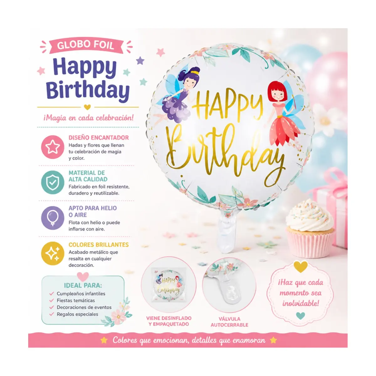 Globo con cartel de Happy birthday y diseño con hadas Ballon (18 pulgadas) - Thumbnail 4