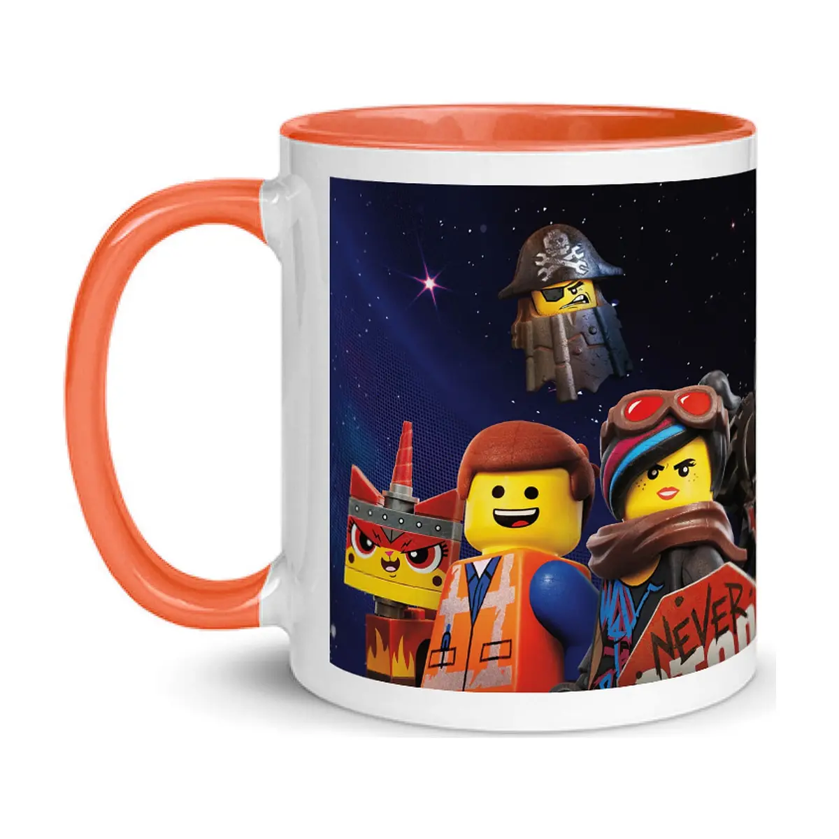 Jarra blanca y anaranjada de cerámica con diseño impreso tema Lego