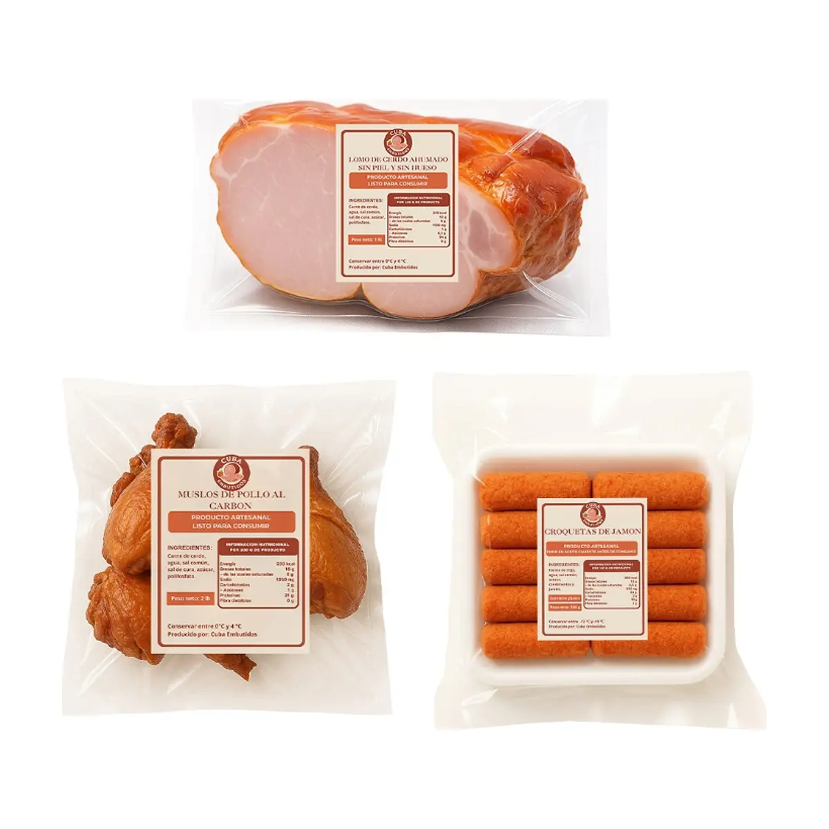 Lomo de cerdo ahumado sin piel y sin hueso + Muslos de pollo al carbón + Croquetas de jamón