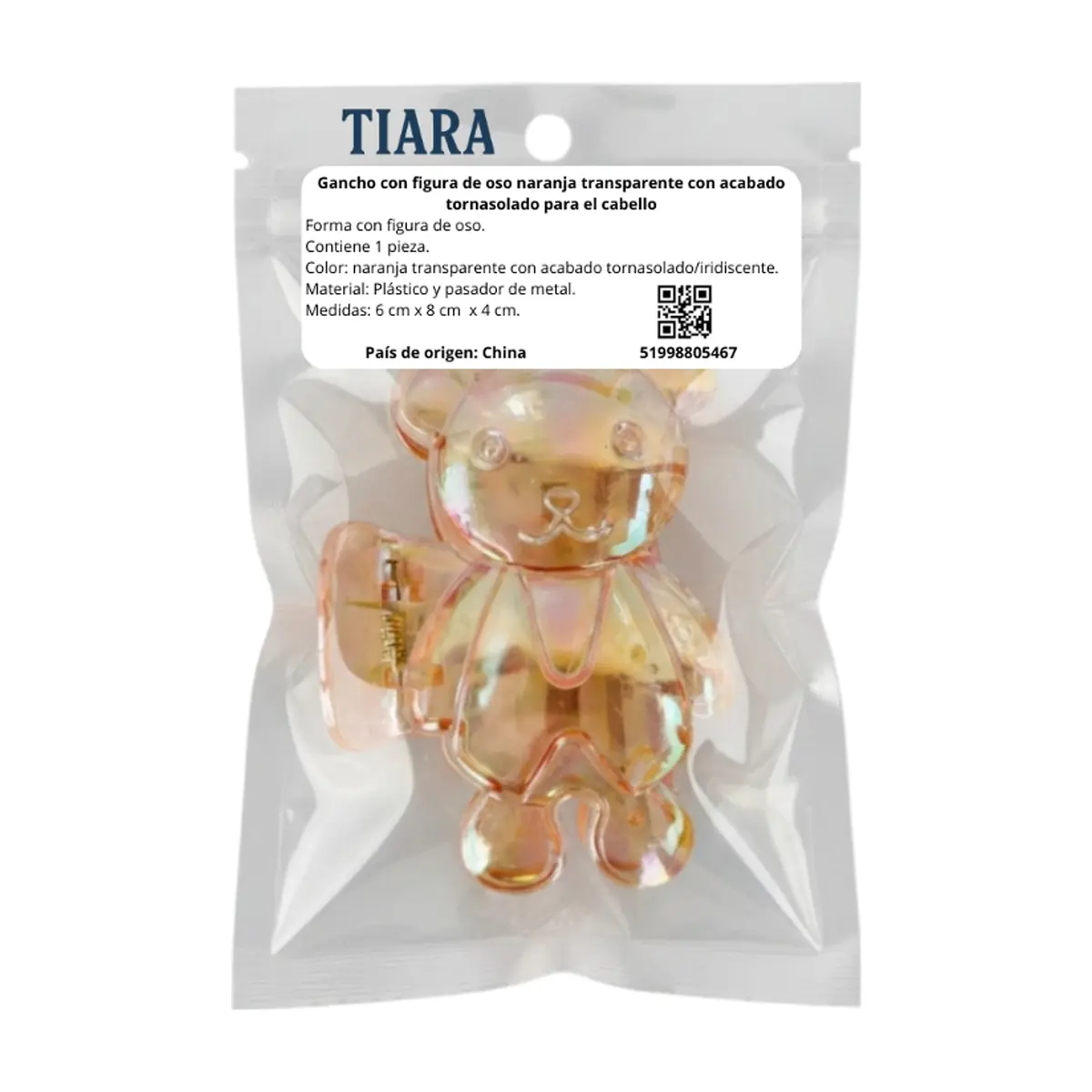 Gancho con figura de oso naranja transparente con acabado tornasolado para el cabello Tiara - Thumbnail 4