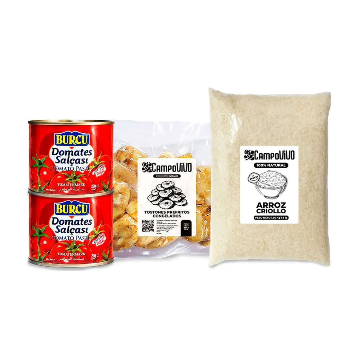 Combo criollo: Tostones prefritos congelados Campo Vivo + Arroz criollo Campo Vivo + Pasta de tomate Burcu