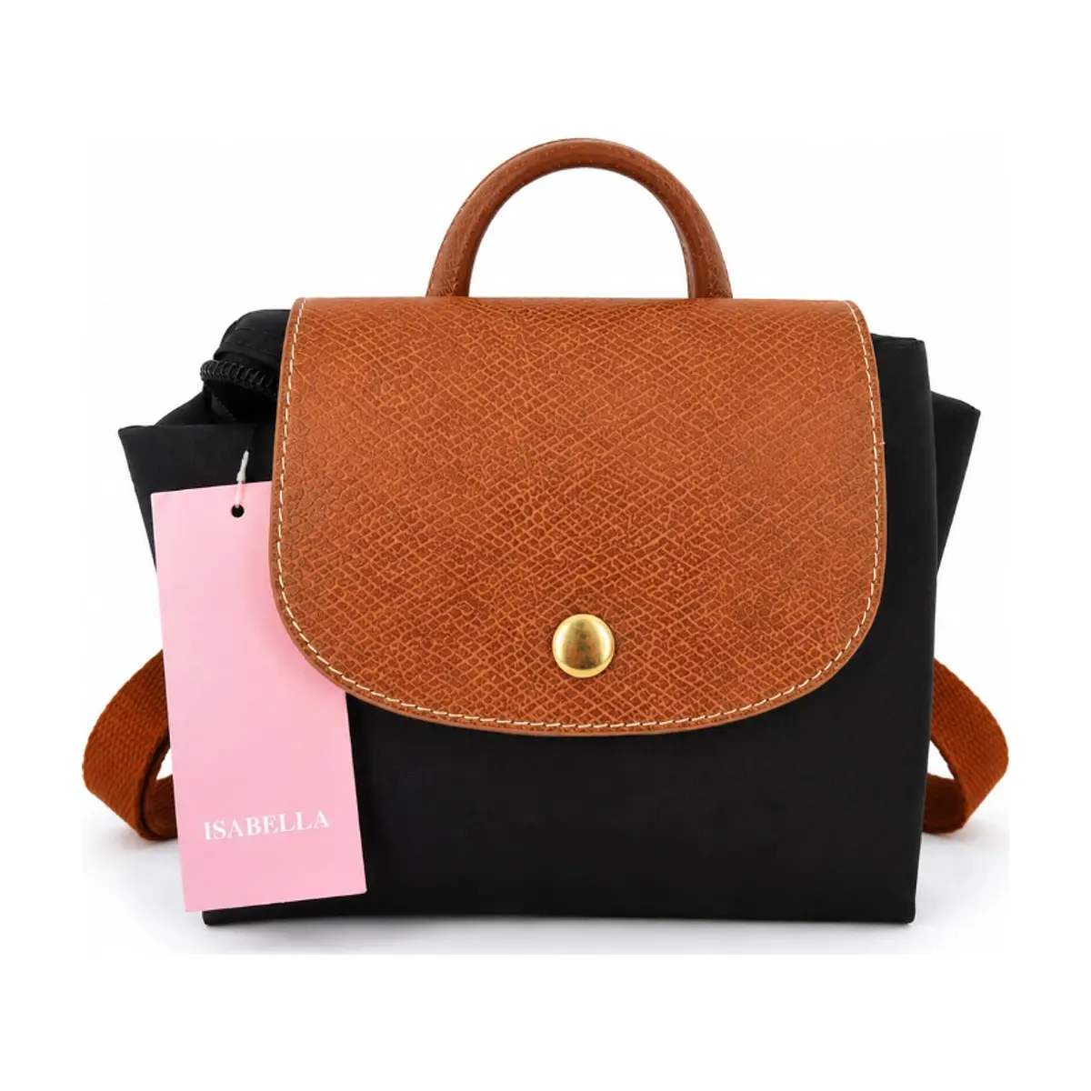 Mochila convertible de nailon negro con detalles en camel Isabella - Thumbnail 2
