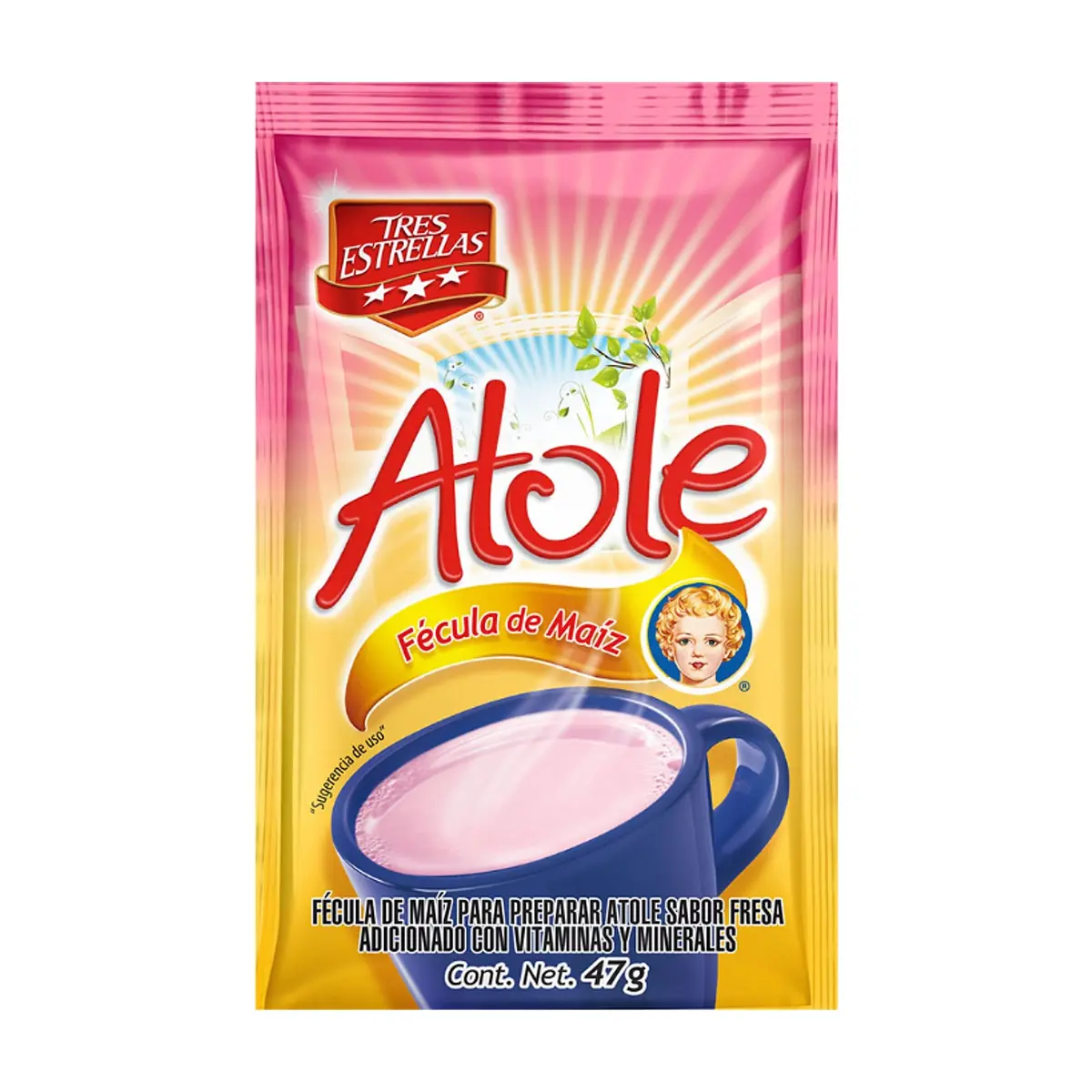 Fécula de maíz para preparar atole sabor fresa Tres Estrellas (47 g / 1.7 oz)