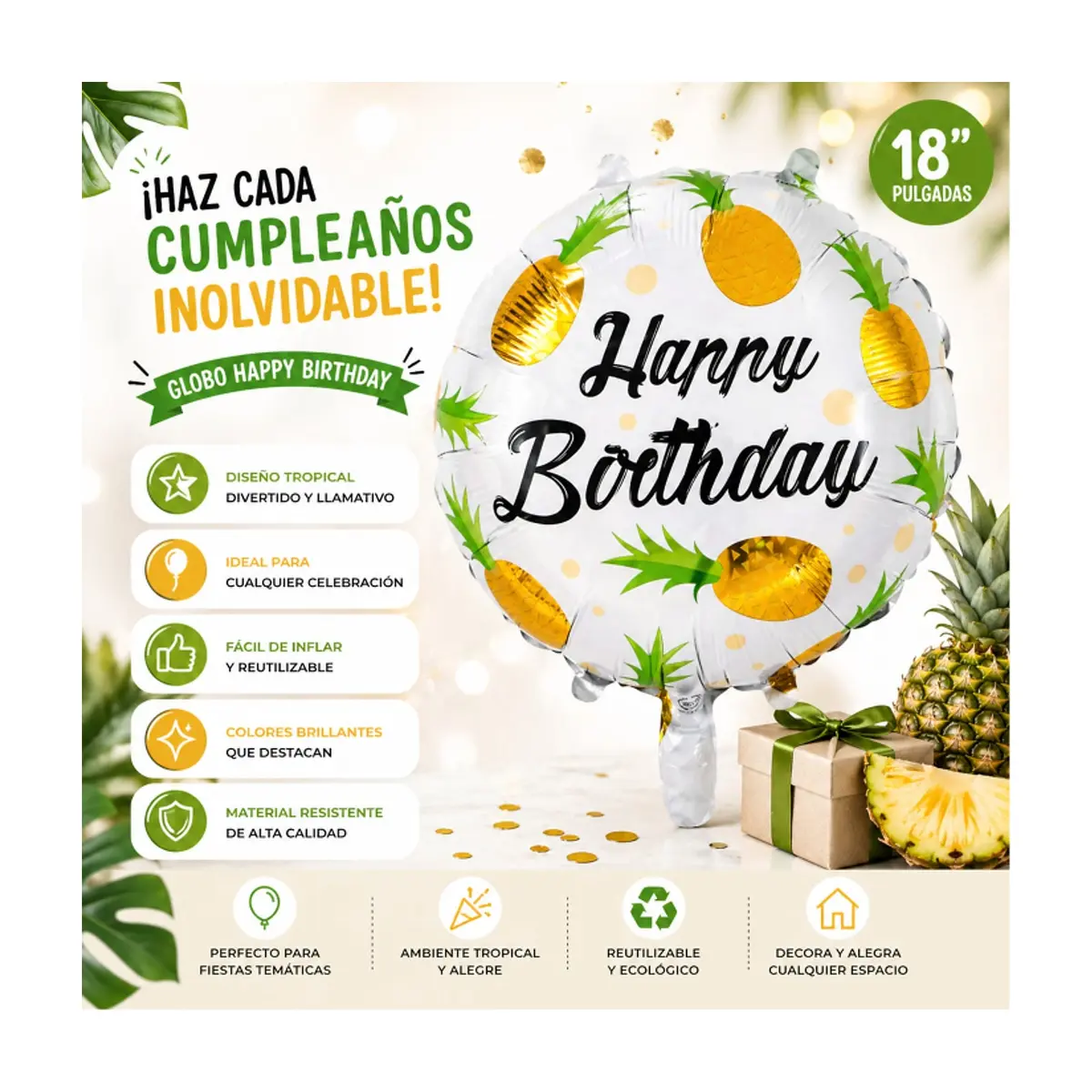 Globo con cartel de Happy Birthday y diseño con piñas amarillas 18 pulgadas Ballon - Thumbnail 4