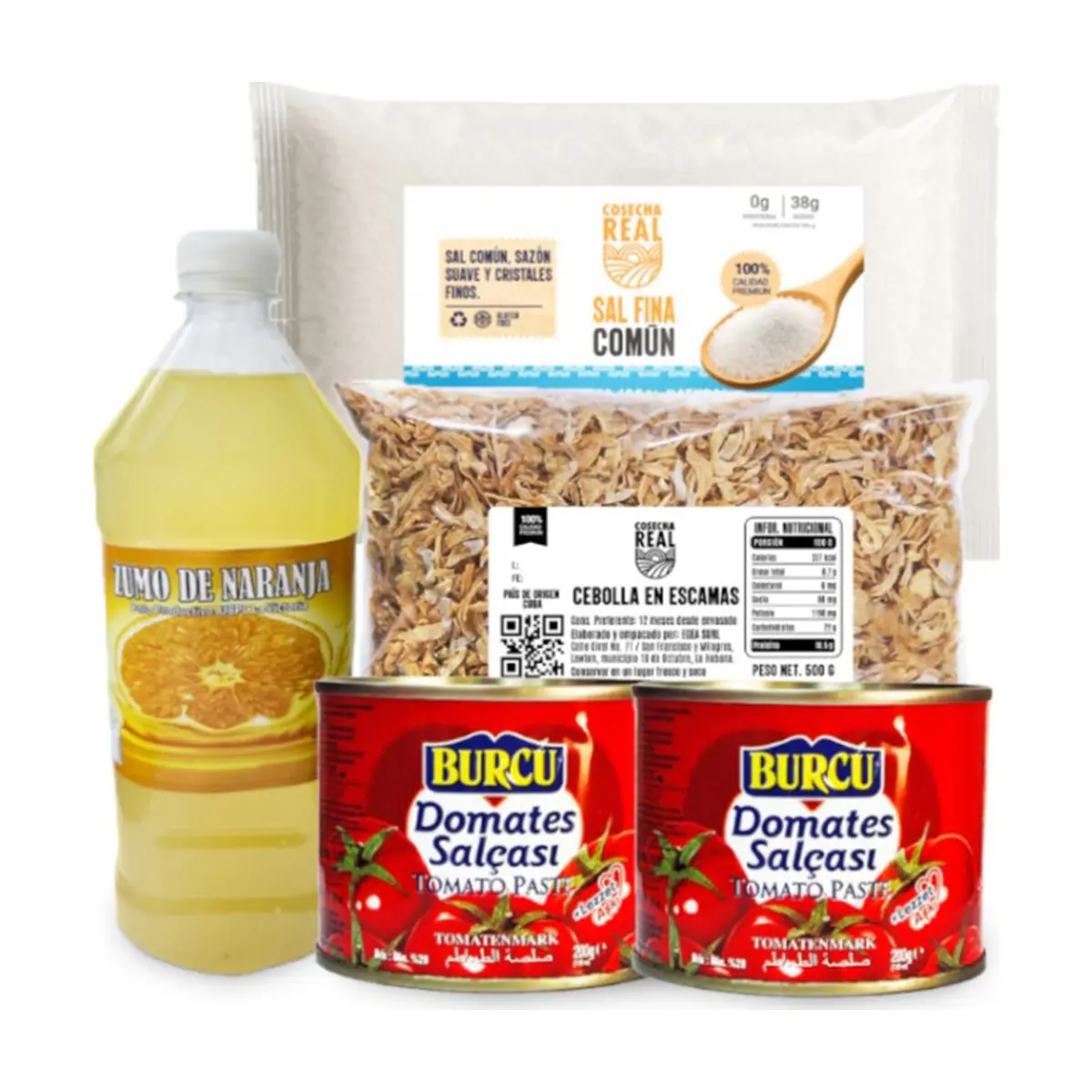 Combo para sopas #3: Zumo de naranja + Sal fina común Cosecha Real+ Pasta de tomate Burcu + Cebolla en escamas Cosecha Real