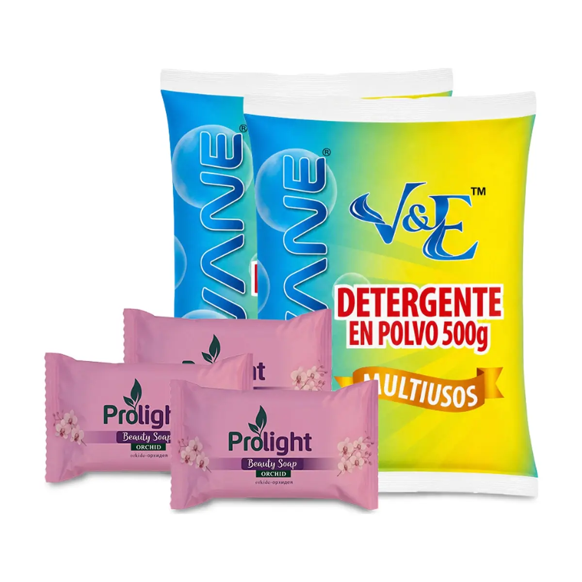 Combo básico de higiene y limpieza #4: Detergente en polvo multiuso con aroma floral Lavane + Jabón de belleza con fragancia a orquidea Prolight