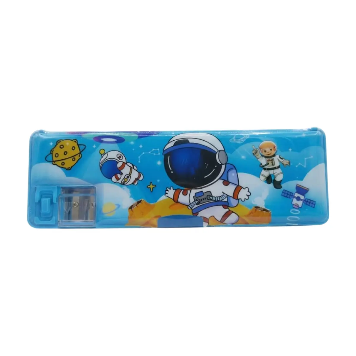Estuche escolar para lápices de plástico con sacapuntas azul con diseño del espacio Gutza