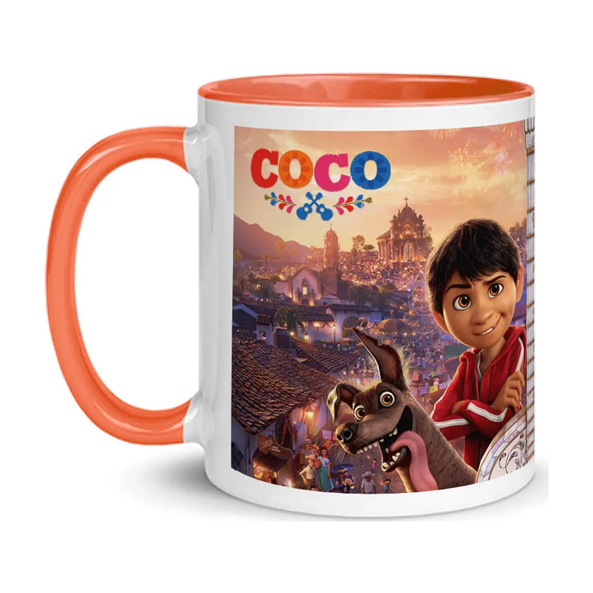 Jarra blanca y anaranjada de cerámica con diseño impreso tema Coco