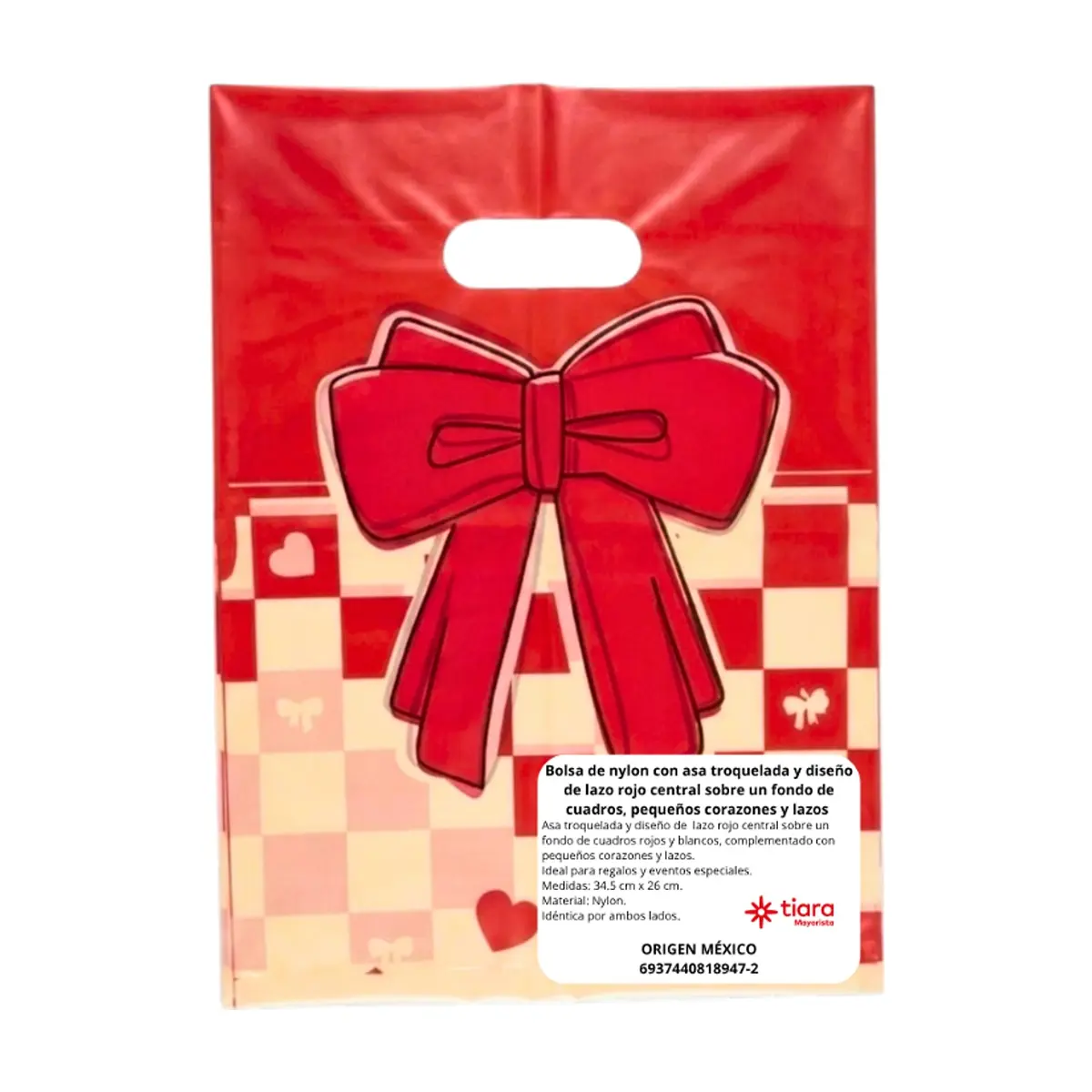 Bolsa de nylon con asa troquelada y diseño de lazo rojo central sobre un fondo de cuadros, pequeños corazones y lazos Tiara - Thumbnail 4