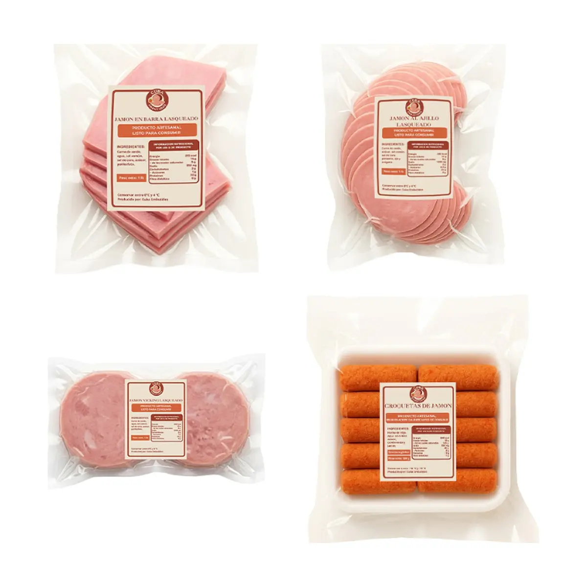 Jamón vicky lasqueado + Jamón en barra lasqueado + Jamón al ajillo lasqueado + Croquetas de jamón