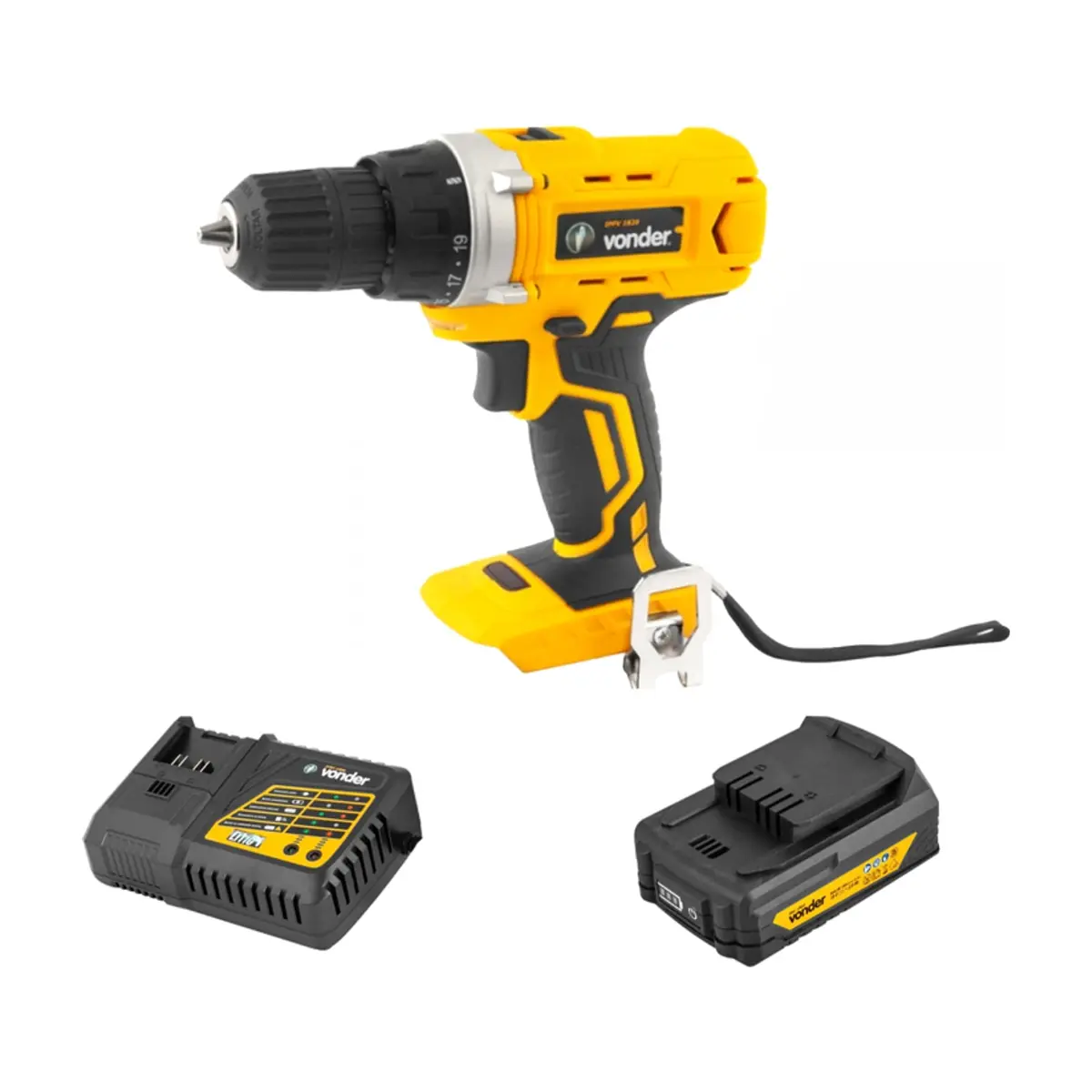 Taladro atornillador inalámbrico 3/8'' de 18 V IPFV1820 + Batería IBV1802 de 18 V + Cargador de batería rápido de 18 V ICBV1806 Vonder