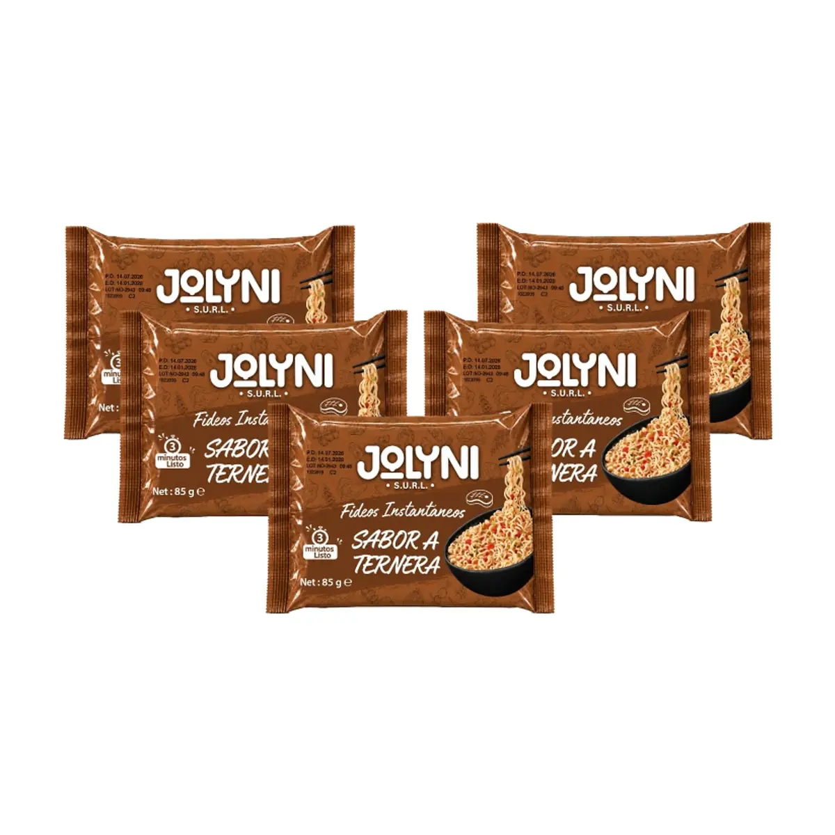 Sopa de fideos instantáneos sabor ternera Jolyni (5 x 85 g / 3 oz)