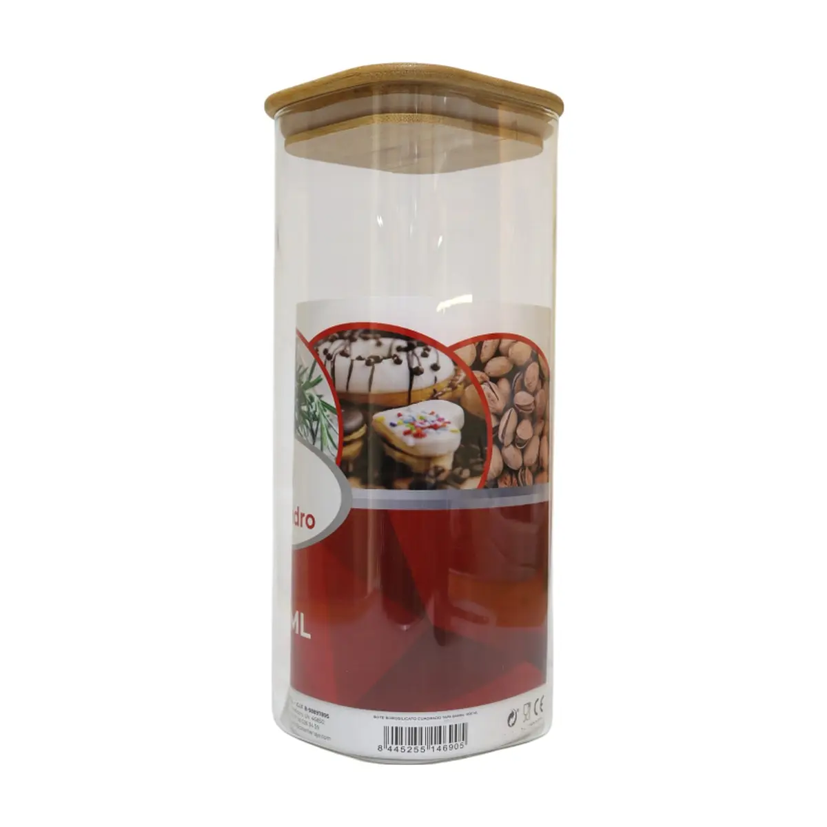 Envase - Recipiente - de borosilicato cuadrado con tapa de bambú de 1800 ml - Thumbnail 4