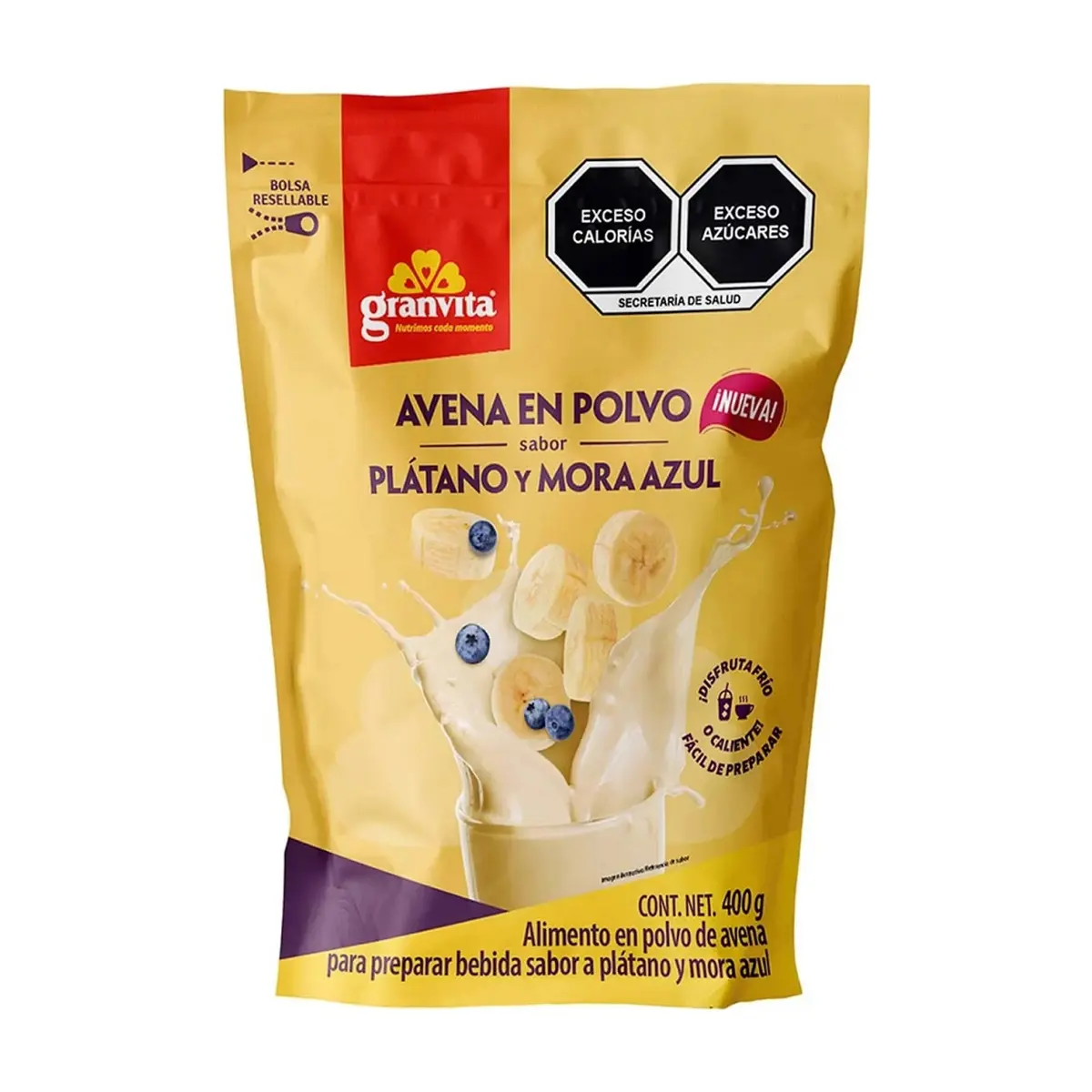Avena en polvo sabor plátano y mora azul Granvita (400 g / 14.11 oz)