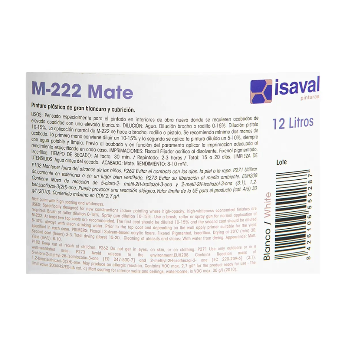 Pintura plástica interior color blanco M - 222 Isaval - Blancolor (12 L) - Thumbnail 2