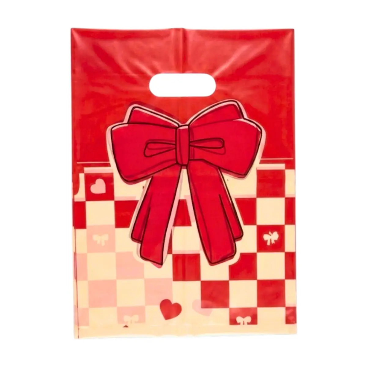 Bolsa de nylon con asa troquelada y diseño de lazo rojo central sobre un fondo de cuadros, pequeños corazones y lazos Tiara - Thumbnail 2