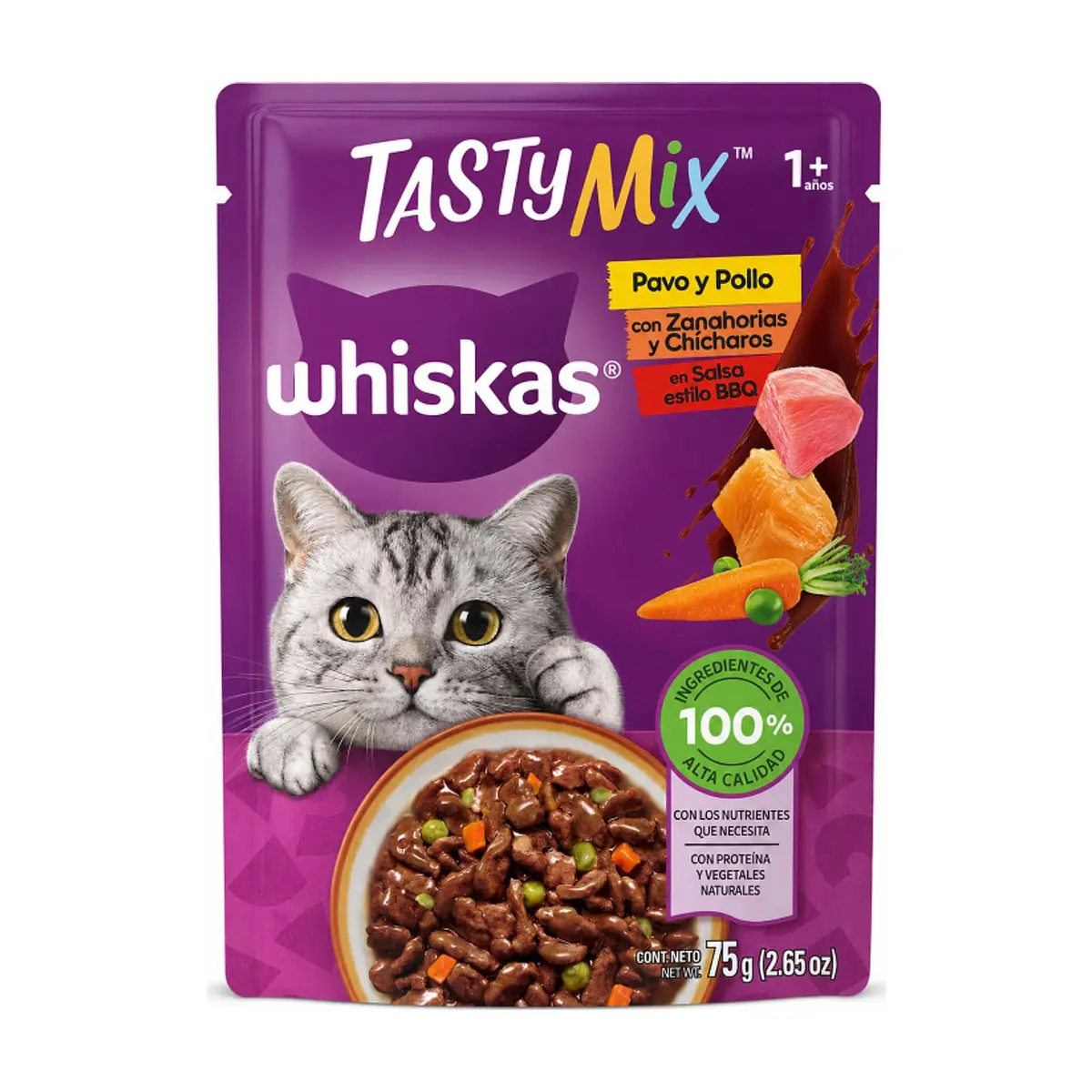 Comida para gatos adultos pavo y pollo con zanahoria y chícharos en salsa BBQ Whiskas (75 g / 2.65 oz)