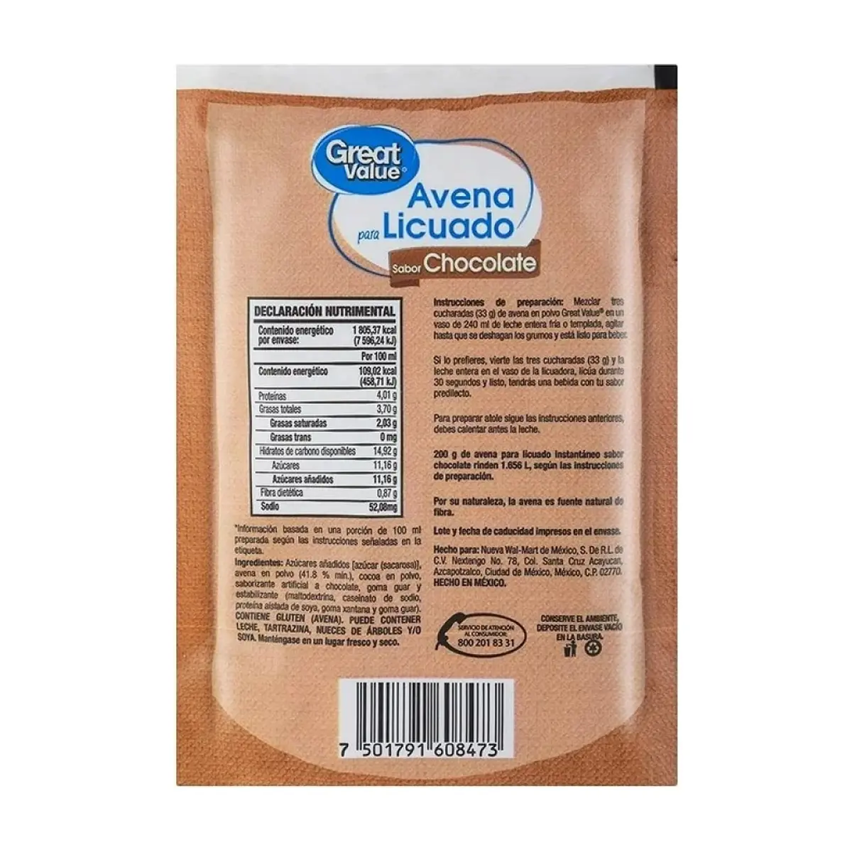 Avena para licuado instantáneo sabor chocolate Great Value (200 g / 7.05 oz) - Thumbnail 2