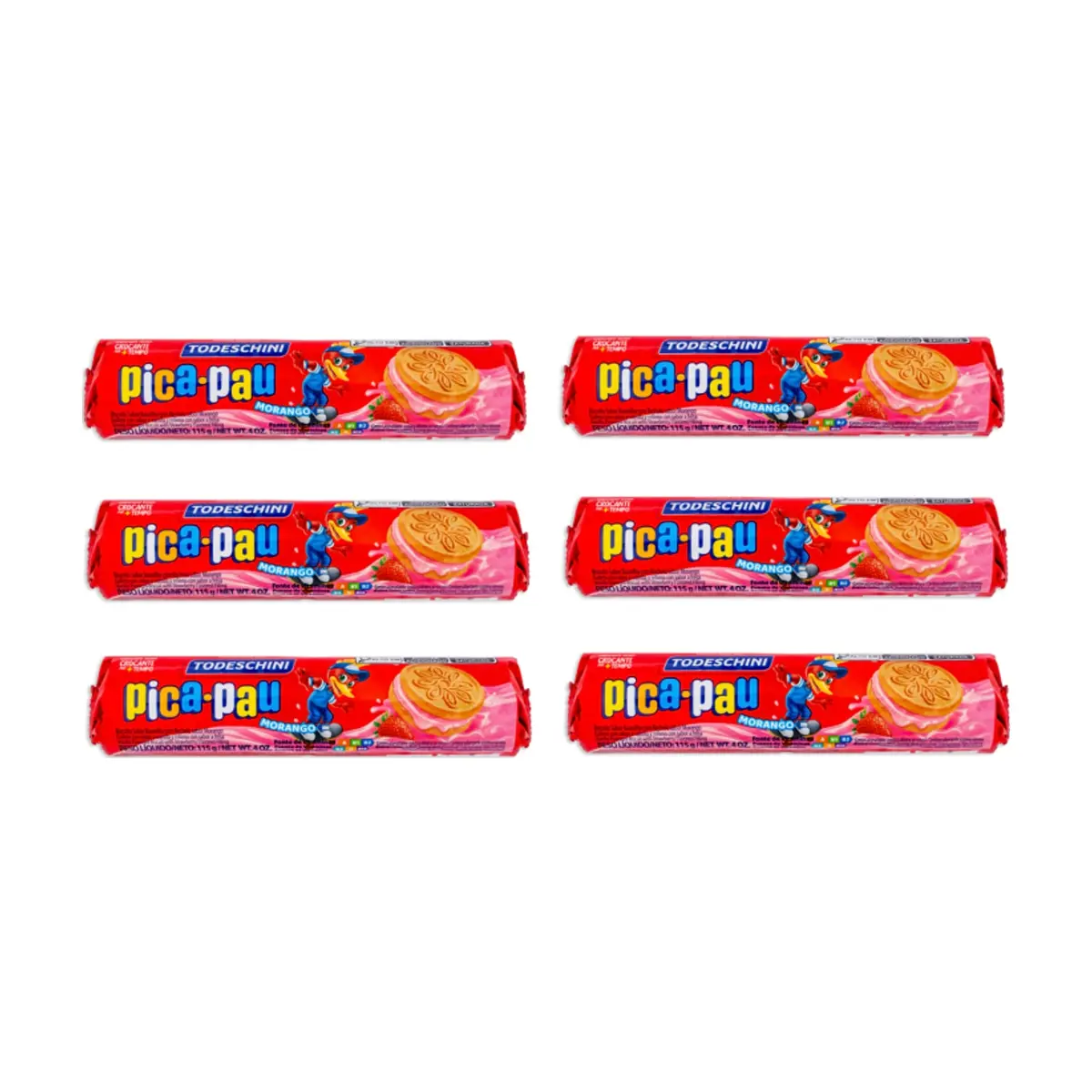 Galletas de vainilla con relleno sabor a fresa Pica Pau Todeschini (6 x 115 g / 4 oz)
