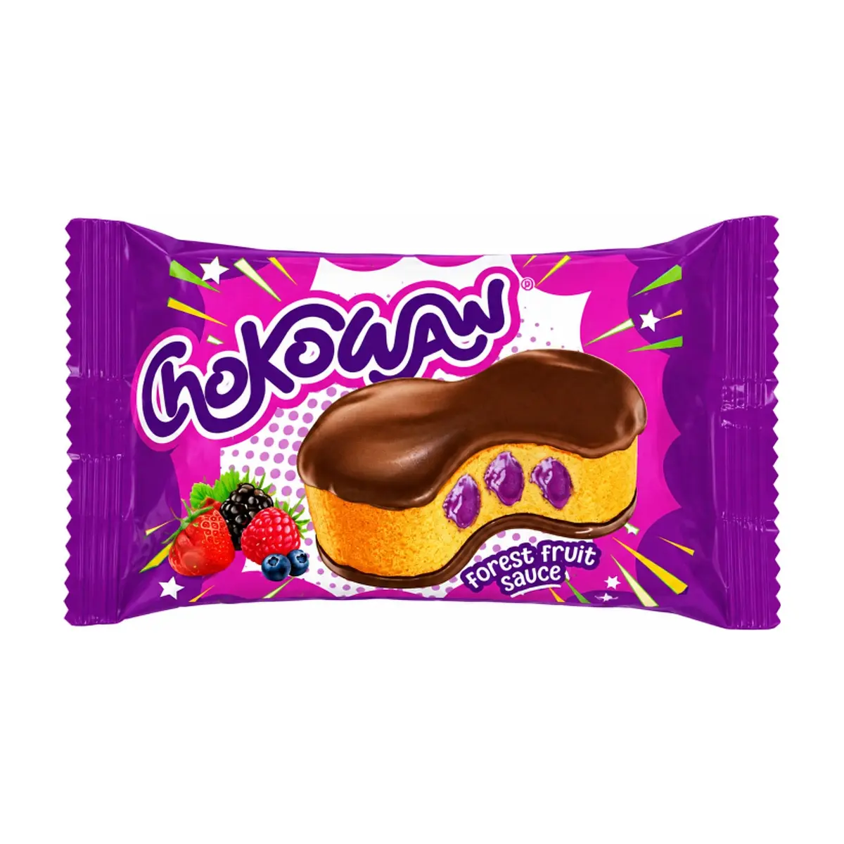 Pastel con crema sabor a frutos del bosque bañado en chocolate Chokowaw (30 g / 1.05 oz)