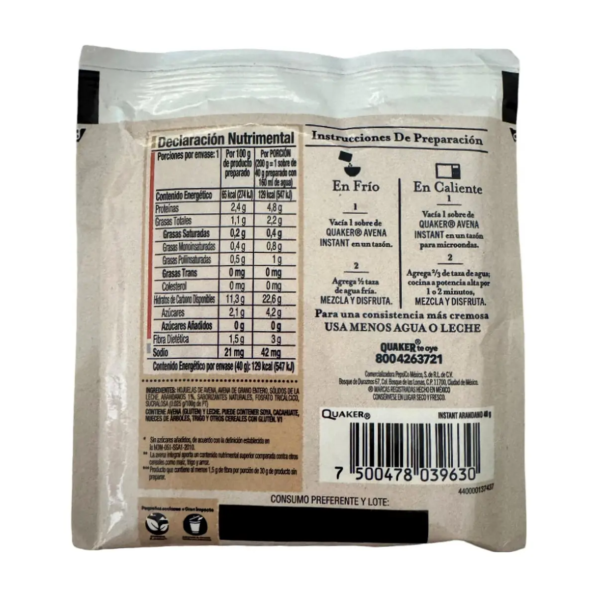 Avena integral sin azúcar sabor arándanos Quaker (40 g / 1.41 oz) - Thumbnail 2