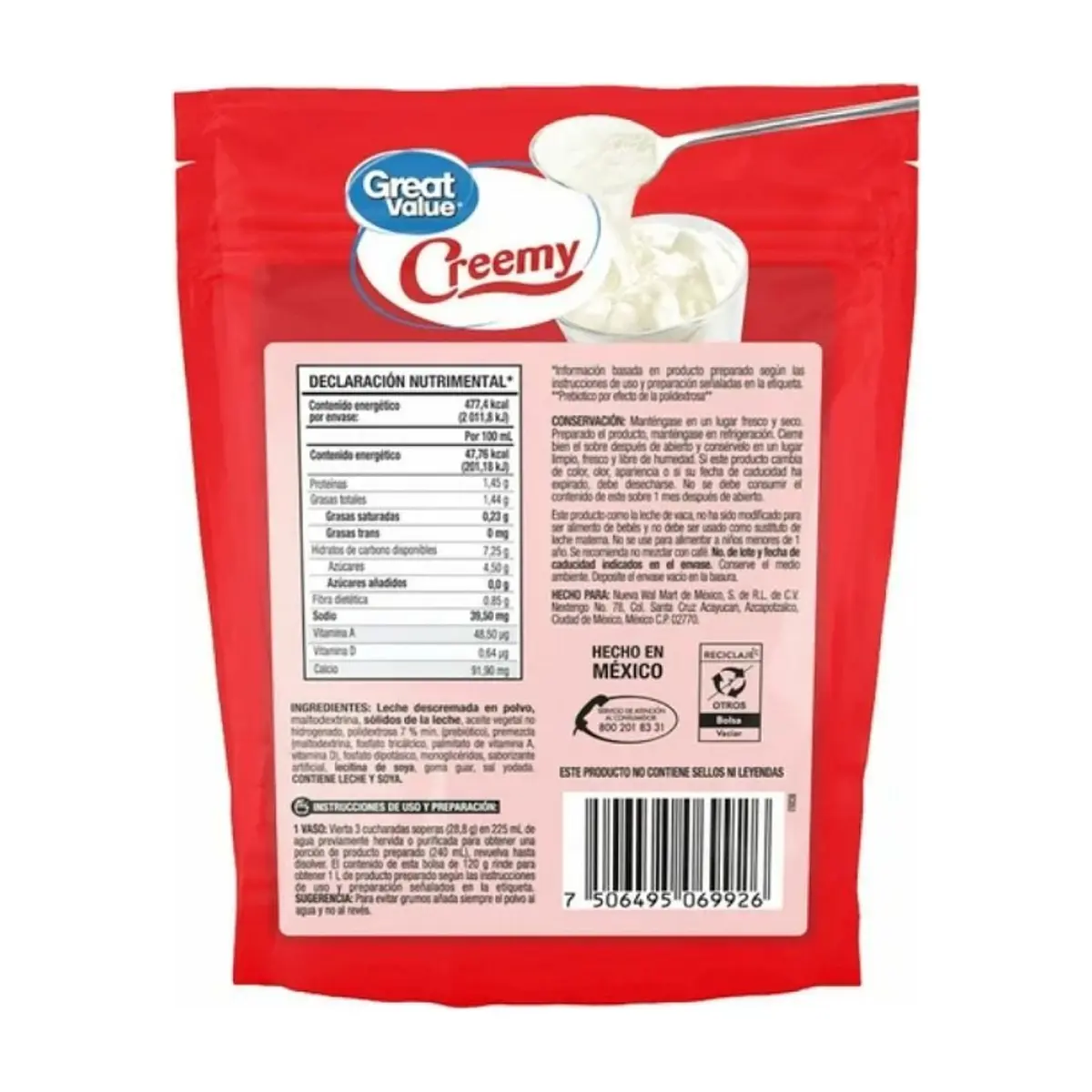Alimento en polvo para preparar bebida a base de leche descremada y grasa vegetal Creemy Great Value (120 g / 4.23 oz) - Thumbnail 2