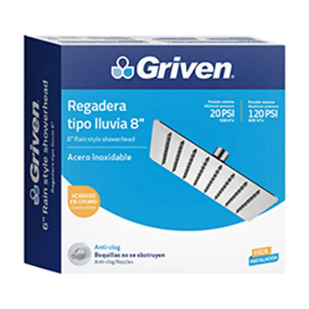 Regadera cuadrada para ducha de 8". Tipo lluvia con acabado en cromo Griven