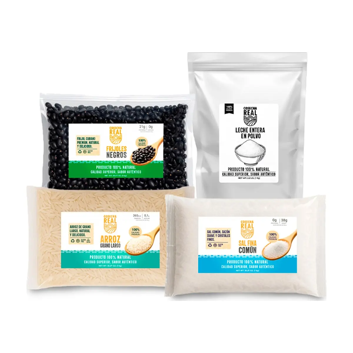 Combo básico esencial Cosecha Real #4: Frijoles negros + Arroz de grano largo + Sal fina común + Leche entera en polvo