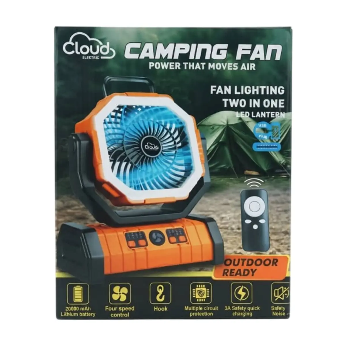 Ventilador recargable con luz LED color naranja Cloud F6 CEPFWS-B - Thumbnail 3