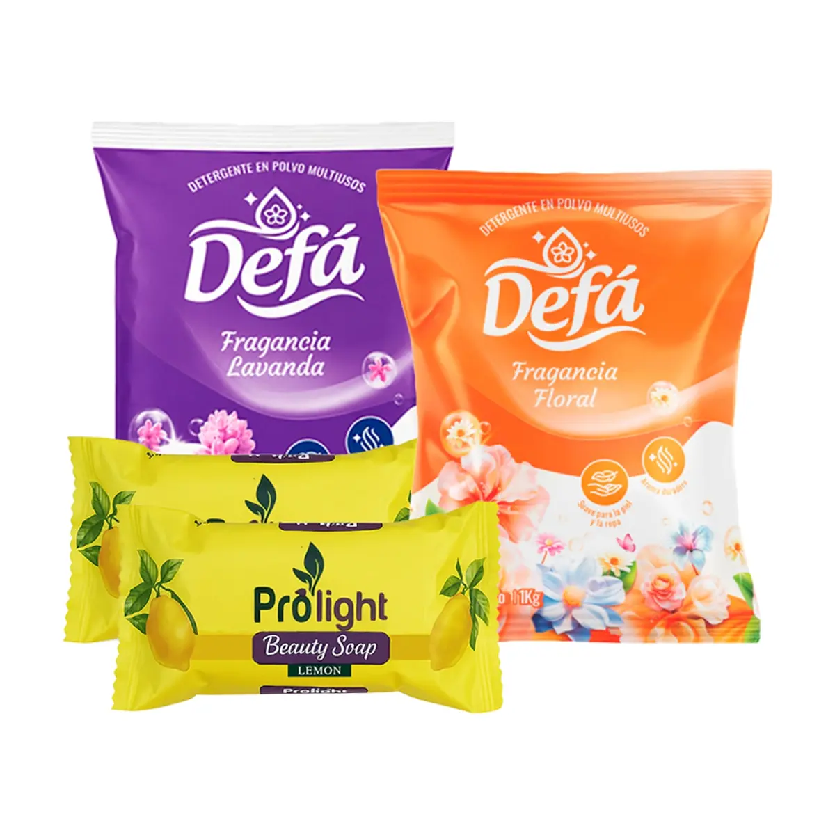 Combo de jabones y detergentes #4: Detergente en polvo multiusos fragancia floral Defá + Detergente en polvo multiusos fragancia de lavanda Defá + Jabón de belleza Prolight - Imagen 1