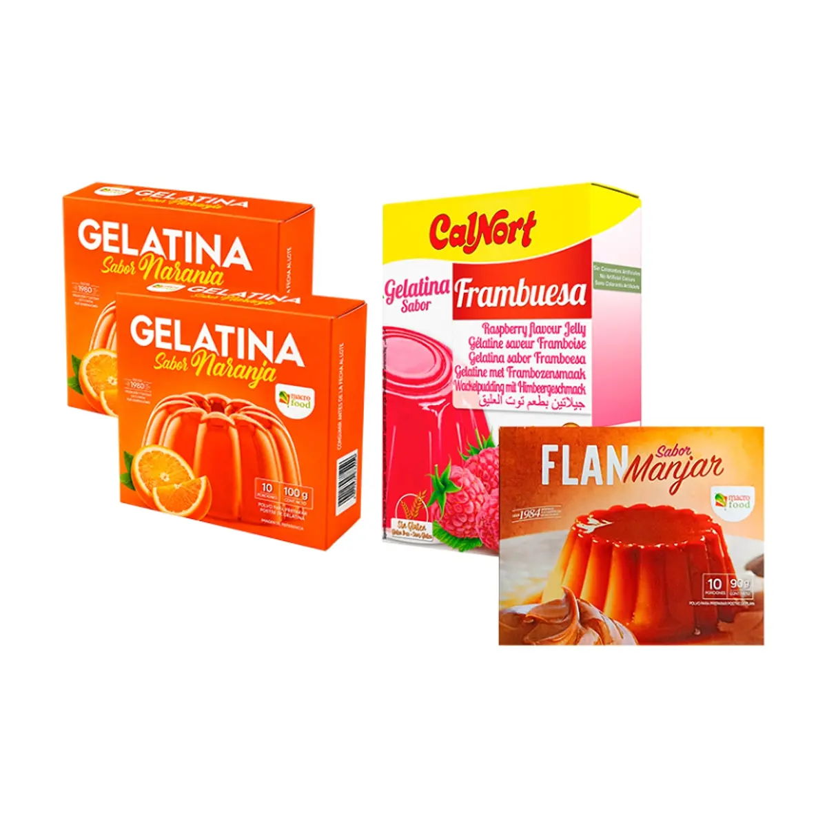 Combo: Gelatina naranja + Gelatina frambuesa + Flan sabor manjar