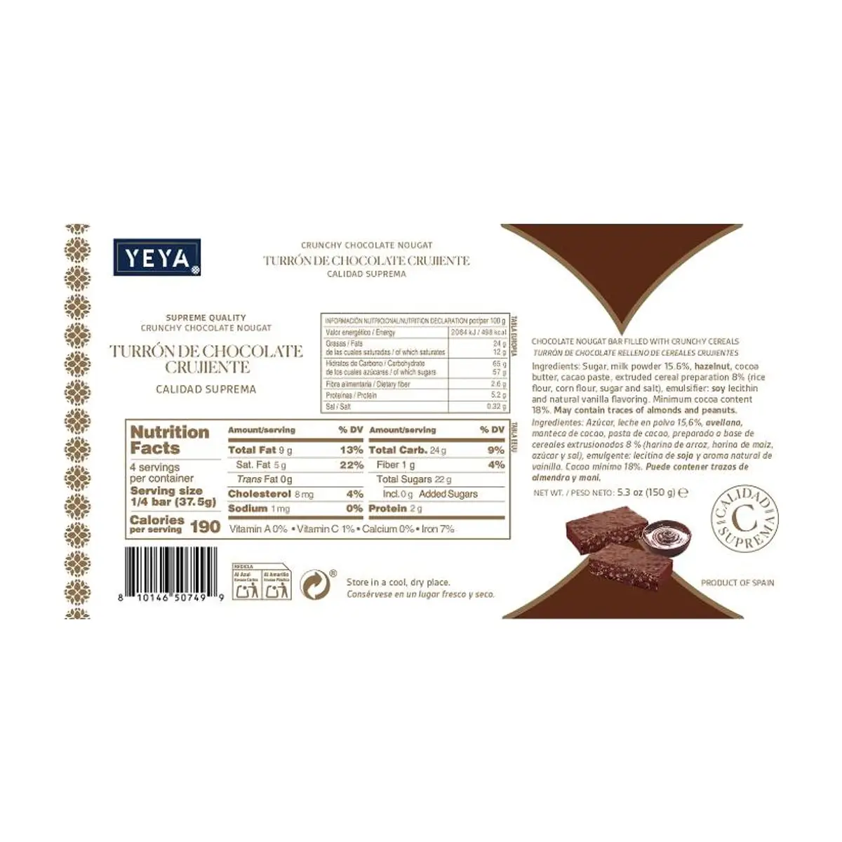 Turrón de chocolate crujiente Calidad suprema YEYA (150 g / 5.3 oz) - Thumbnail 4
