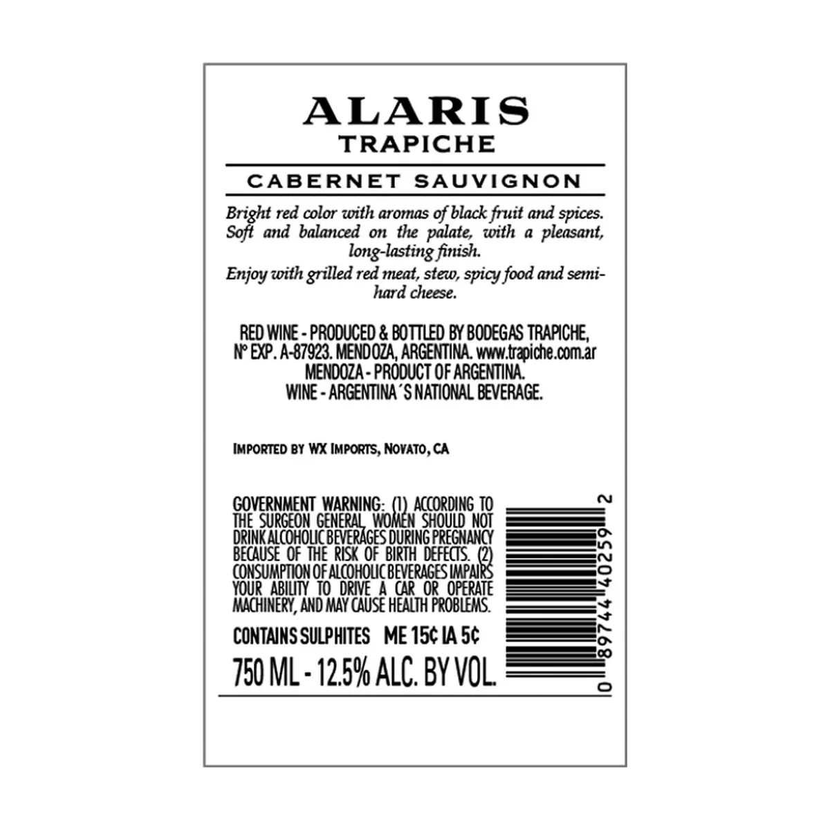Vino tinto Cabernet Sauvignon Alaris Trapiche (750 ml) - Thumbnail 3