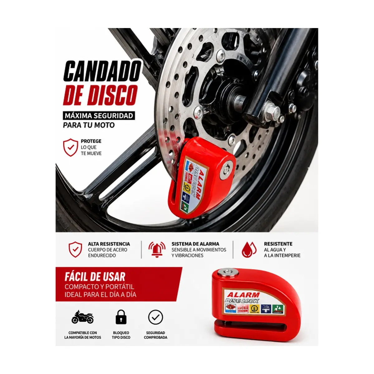 Candado de disco para motocicleta con alarma antirrobo de 110 dB Racing Moto R8201 - Thumbnail 5