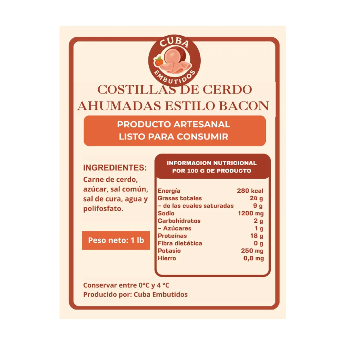 Costillas de cerdo ahumadas estilo bacón Cuba Embutidos (454 g / 1 lb) - Thumbnail 4