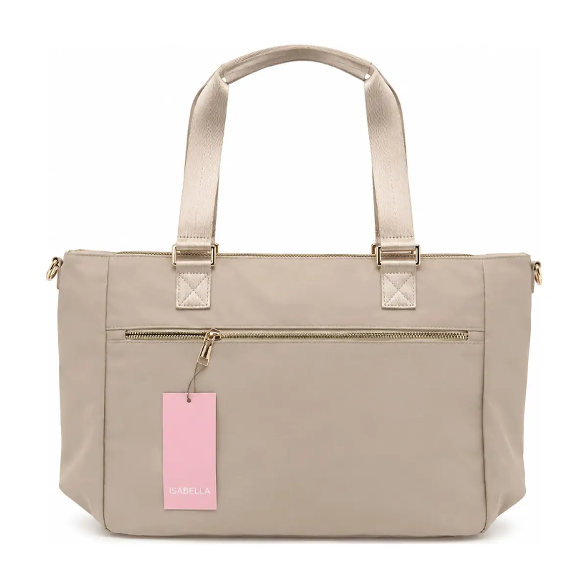 Bolso shopper beige de nailon con bolsillo frontal y asas largas Isabella (1 U)