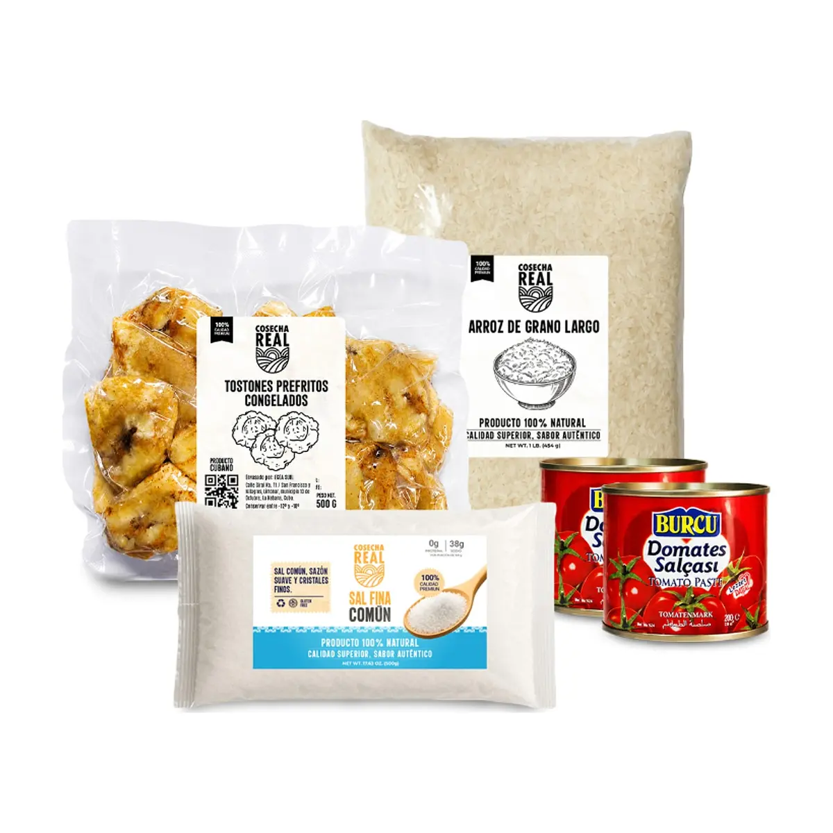 Combo criollo #10: Tostones prefritos congelados Cosecha Real + Arroz de grano largo Cosecha Real + Pasta de tomate Burcu + Sal fina común Cosecha Real