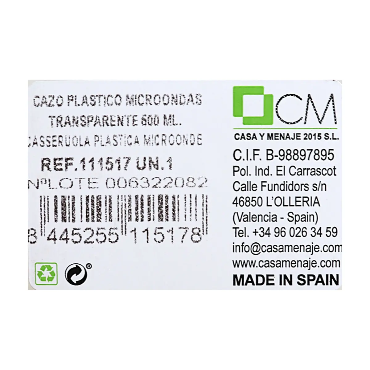 Cazo -recipiente- transparente de plástico para microondas 500 ml Casa y Menaje - Thumbnail 2