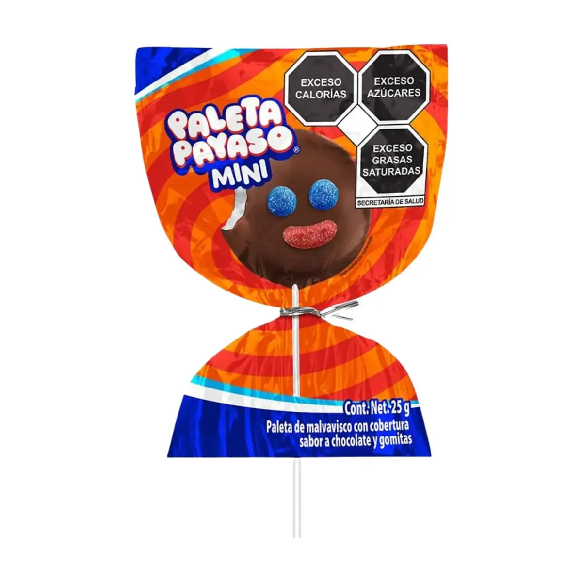 Mini paleta payaso de malvavisco con cobertura sabor a chocolate y gomitas Ricolino (25 g)