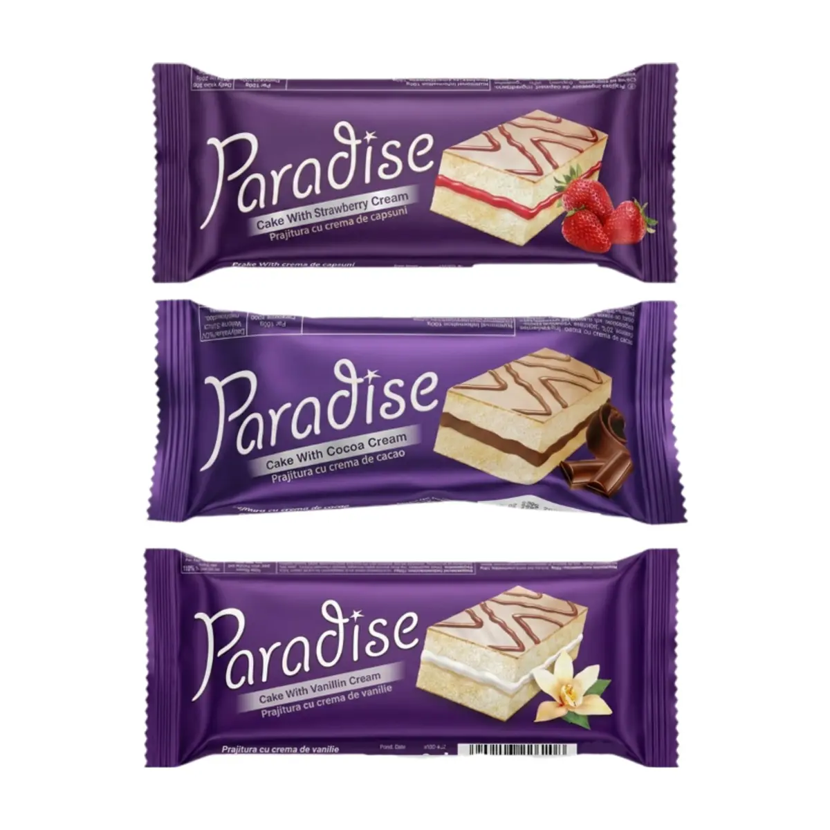 Pastelitos Paradise Simsek rellenos de crema de vainilla, fresa y chocolate con cobertura de chocolate blanco
