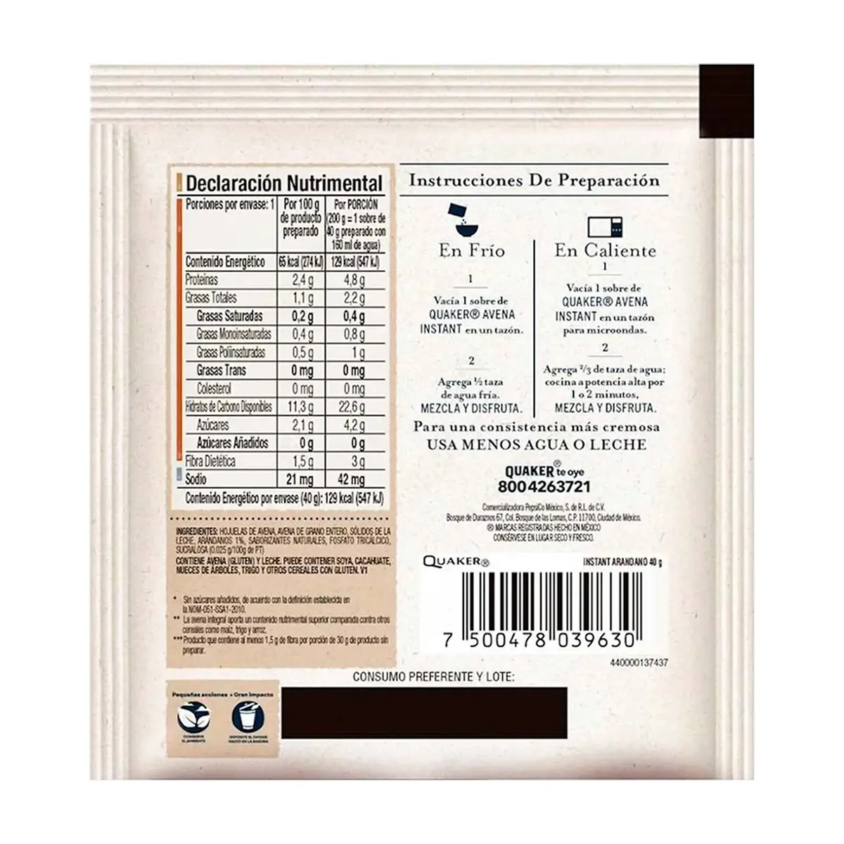 Avena integral sin azúcar sabor arándanos Quaker (40 g / 1.41 oz) - Thumbnail 5