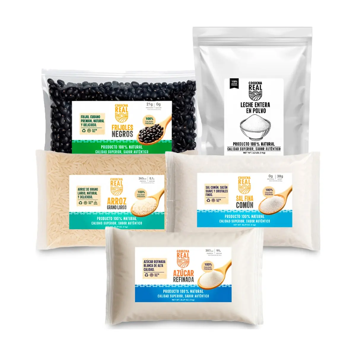 Combo básico esencial Cosecha Real: Frijoles negros + Arroz de grano largo + Azúcar refinada + Sal fina común + Leche entera en polvo